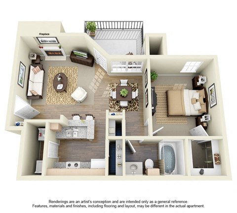 Floor plan for 1 bed, 1 bath, 697 sqft